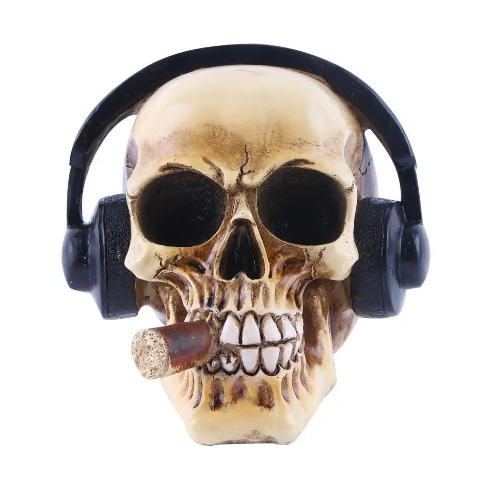home decoration human skull resin statue smoking skull headset sculpture Halloween trick personality party decoration p0774