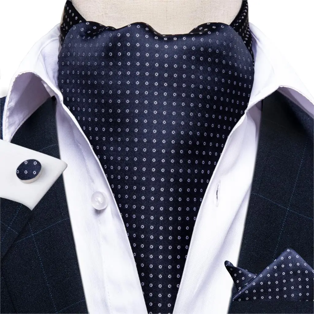 Men Luxury Silk Ascot Tie set Navy Dot Pocket Square Wedding Necktie Self Tie British style Vintage Formal Carvat DiBanGu