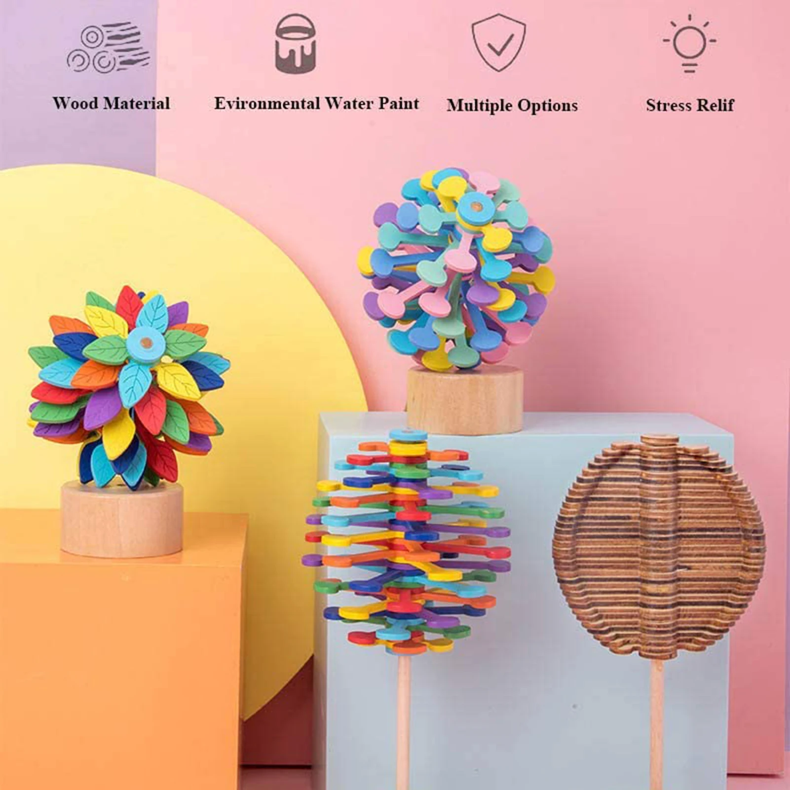 Wooden Spiral Lollipop Stress Relif Toy Spinning Magic Wand Decompression Kit Fibonaccis Sequences Toy Art Decoration Kids Gift