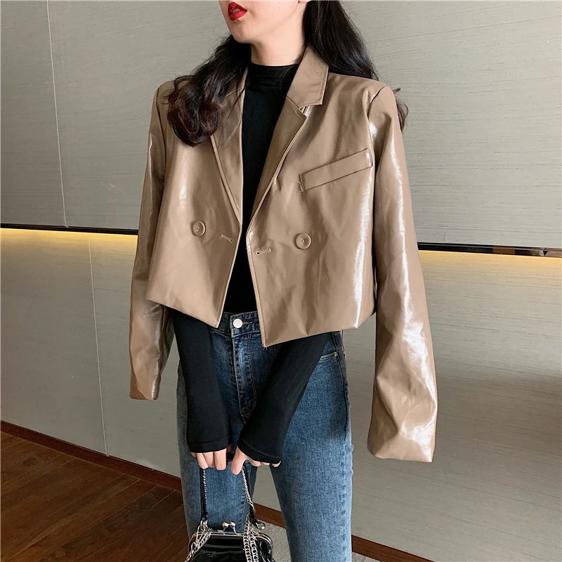 

Fashion glossy pu leather jacket female bright shining short pu leather outerwear brown leather jackets with lining F377