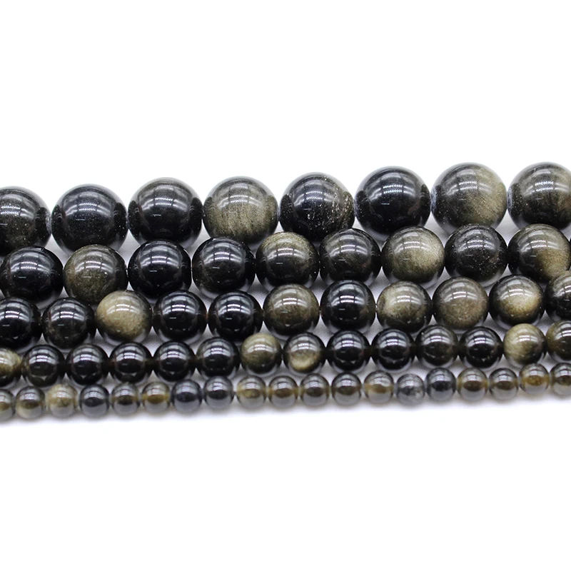 Natural Gold Obsidian Stone Loose Round Beads for Jewelry Making  Black Beads  DIY Bracelet Necklace 4 6 8 10 12mm 15