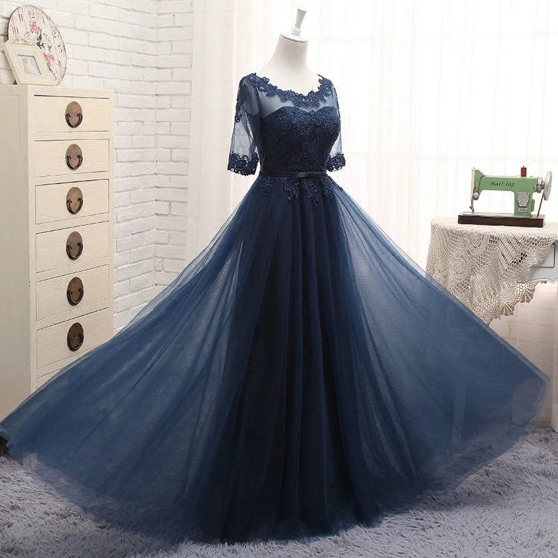 Robe de soiree 2023 wholesale Scoop Neck Half Transparent Lace Embroidery long Navy blue party prom dress Bridesmaid Dresses