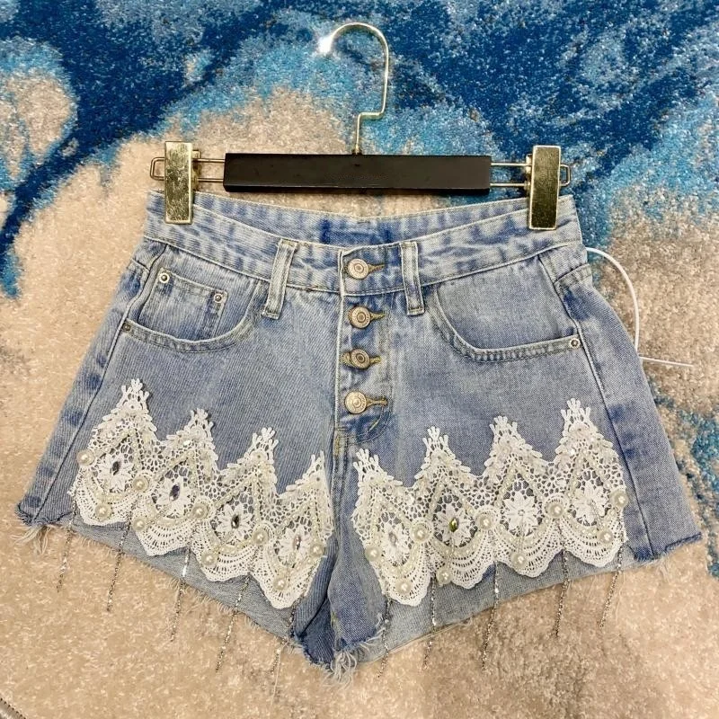 Vintage Design Short Jeans Lace Pearls Diamonds Sexy Push Up Hotpants High Street Single Breasted Beading Tassel Denim Shorts