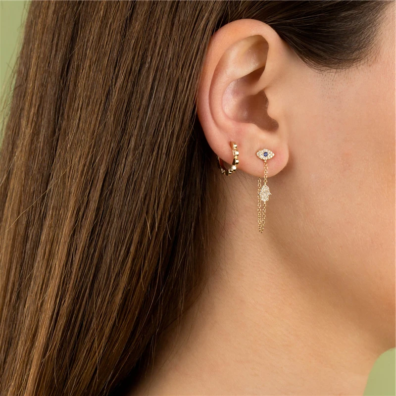 GS 18K Gold Plated Evil Eye Hamsa Hand Palm Charm Dangle Earrings For Women Zircon Pave Long Chain Tassel Earrings