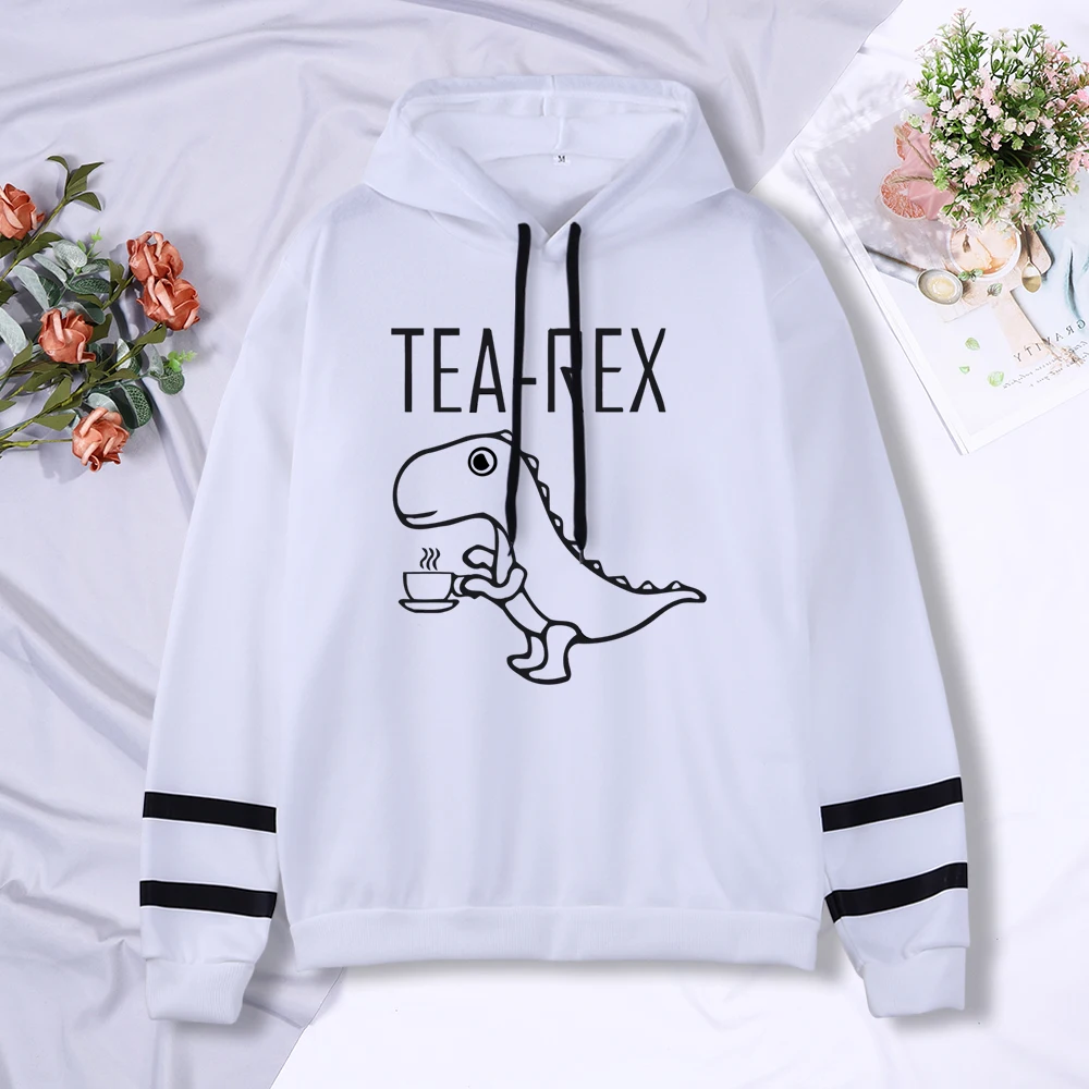 Tea Rex funny dinosaur drink coffee Print Hooded Mens Autumn Fleece Hoodies Casual Stripe Cuffs New Hoodie Street Brand Clothes