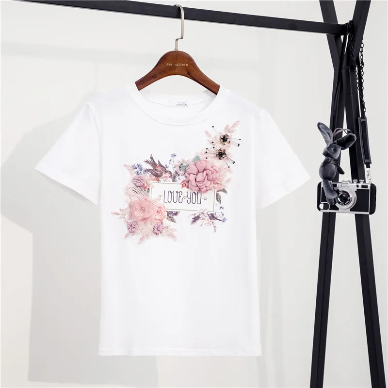 Chic Flowers Beading Sequins Summer Kawaii Clothes Pink Black White Graphic Tees Women Harajuku Cute Tops Tee T Shirts Women C26