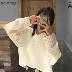 Pullovers Women Solid Ribbed Retro Harajuku Preppy Style Basic Knitwear Sweaters All-match Outerwear Girls Popular Tunic Autumn