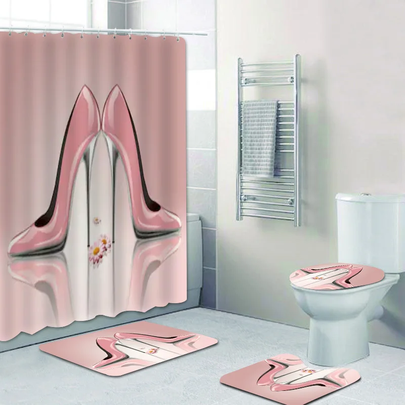 Girly Pink High Heels Shower Curtain Trendy High Heel Pattern with Butterflies Flowers Bathroom Curtain Set for Lady Home Decor