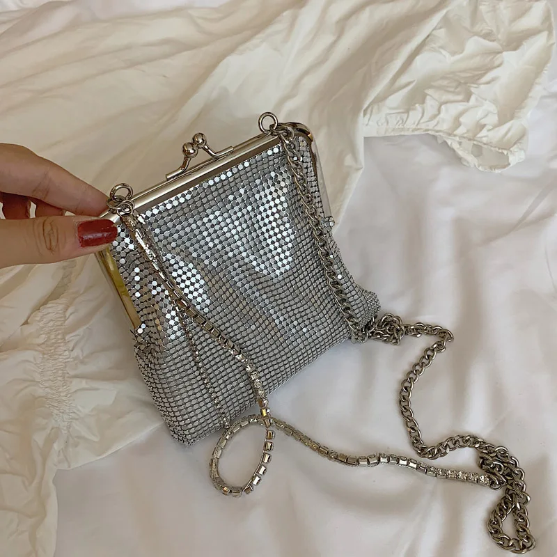 Silver Metal Women Party Clutch Bag Punk Fashion Purses and Handbags Female Evening Bag Diamond Tassel Crossbody Chain Bag 2021