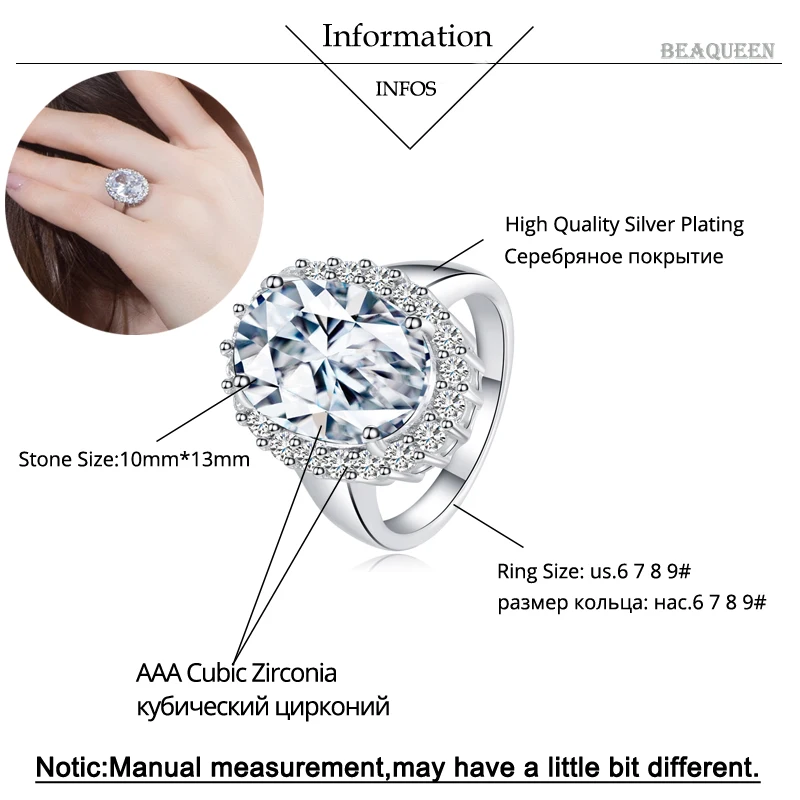 BeaQueen Stunningly Shining Cubic Zirconia Pave Big Oval Crystal Rings Statement Engagement Wedding Party Jewelry for Women R005