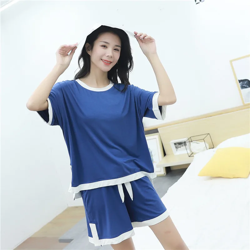 Spring Summer Modal Color Matching Round Neck Short Sleeve Casual Stretch Comfortable Pajamas Women Two-Piece Home Service