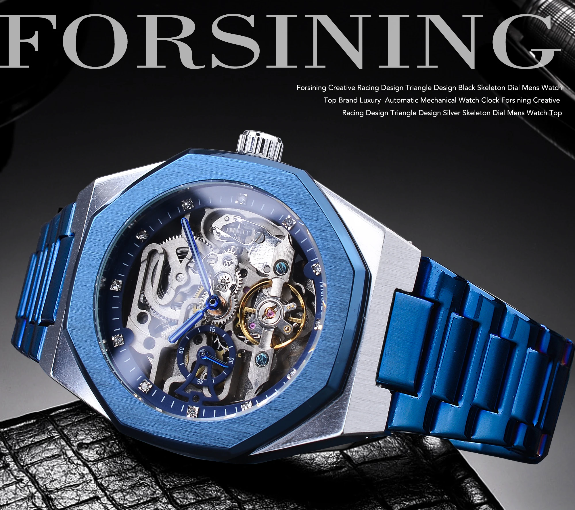 Forsining Silver Mens Watches Top Brand Luxury Automatic Mechanical Stainless Blue Fashion Skeleton Waterproof Business Clock