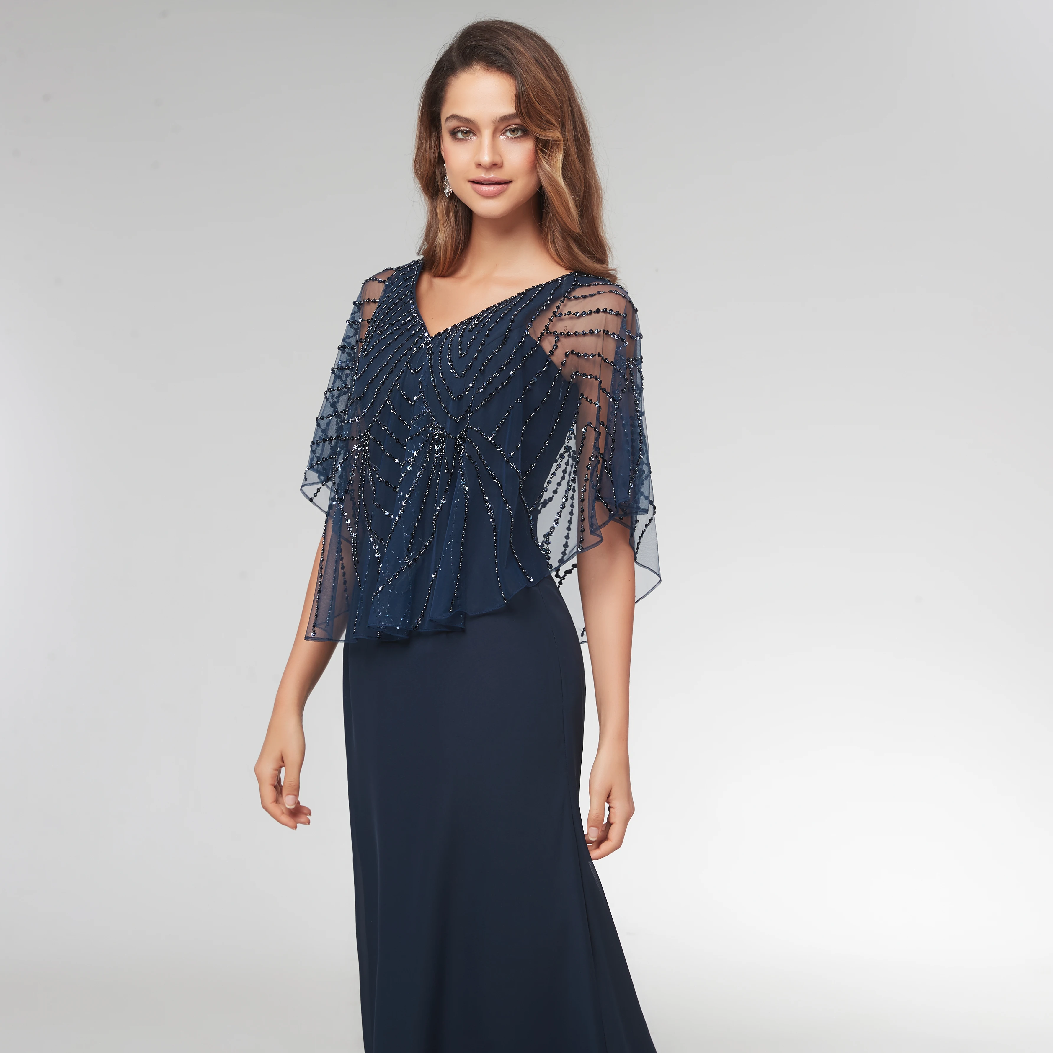 2021ชีฟองชุดเจ้าสาว Elegant Dark Navy V คอ A-Line ชุดราตรีชุดราตรีชุดแม่ของเจ้าบ่าวชุด