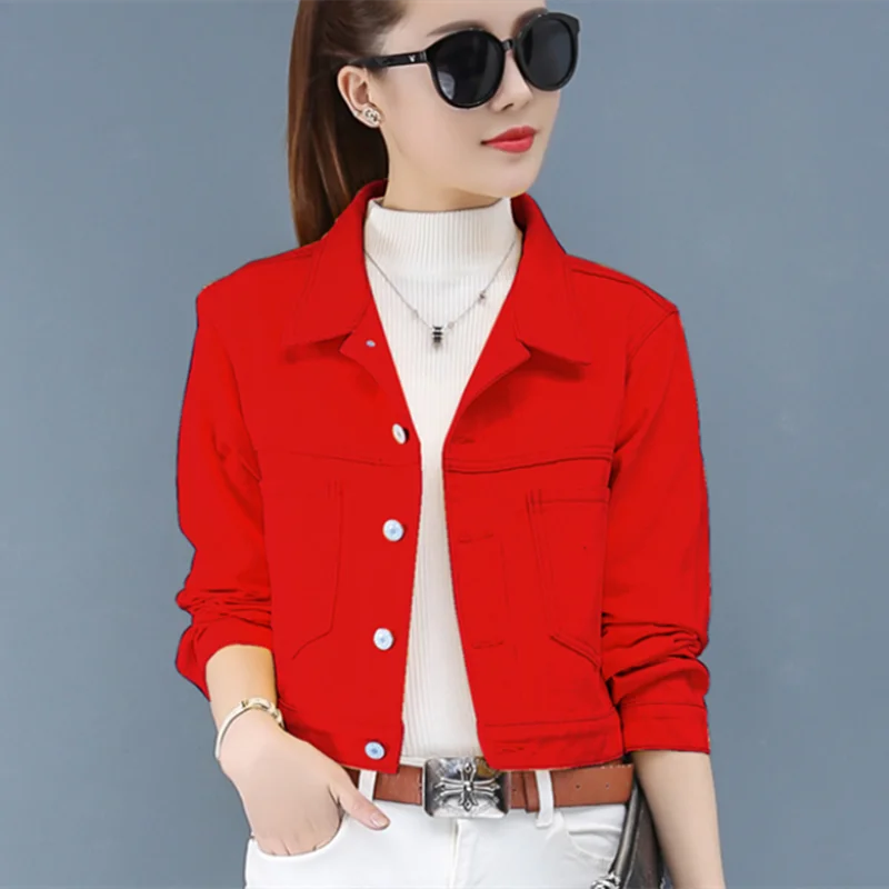 

New Denim Jacket Red Short Jeans Jacket Casual Ripped Denim Outwear Slim Long Sleeve Black Casual Jack Coat