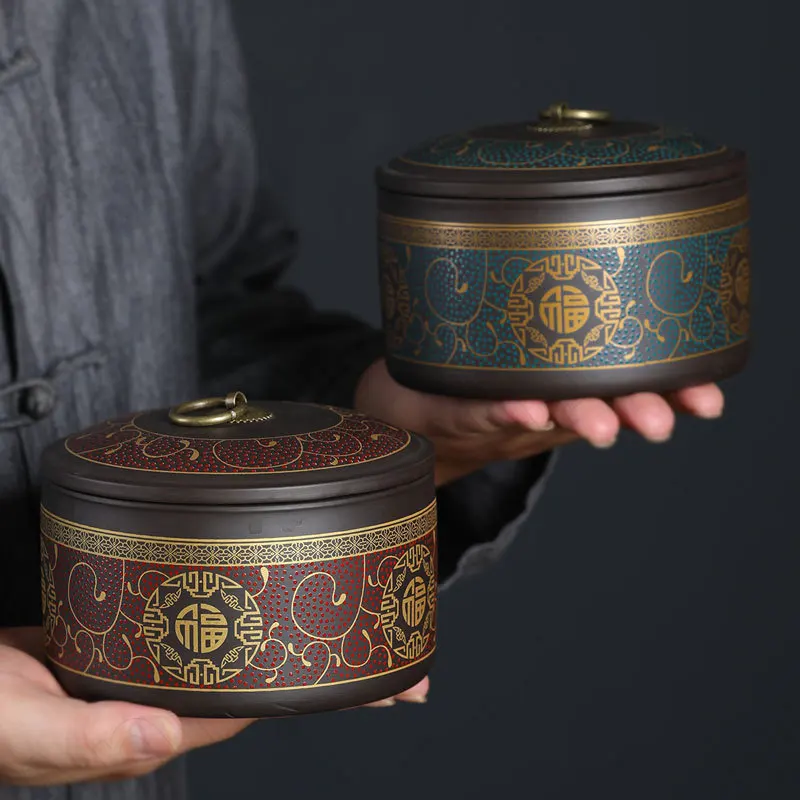 

Creativity Purple Clay Tea Organizer Chinese Vintage Painted Heap Flower Craft Ceramic Tea Leaves Canister Set Home Decoration