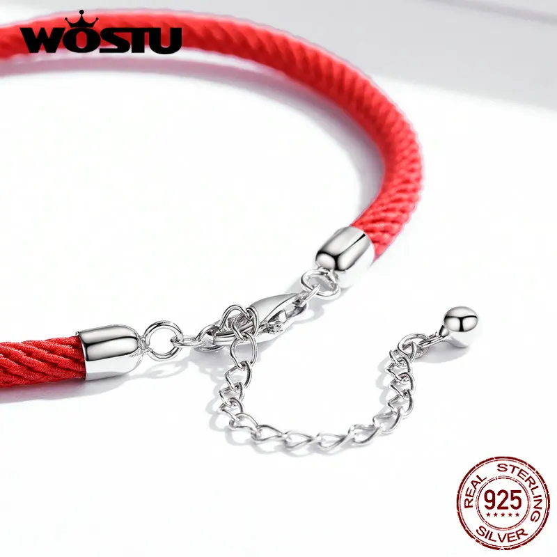 WOSTU 100% Real 925 Sterling Silver Red Black Gray White Rope Bracelet Classic Lucky Bangle Fit Beads Charms DIY Jewelry Making view 2