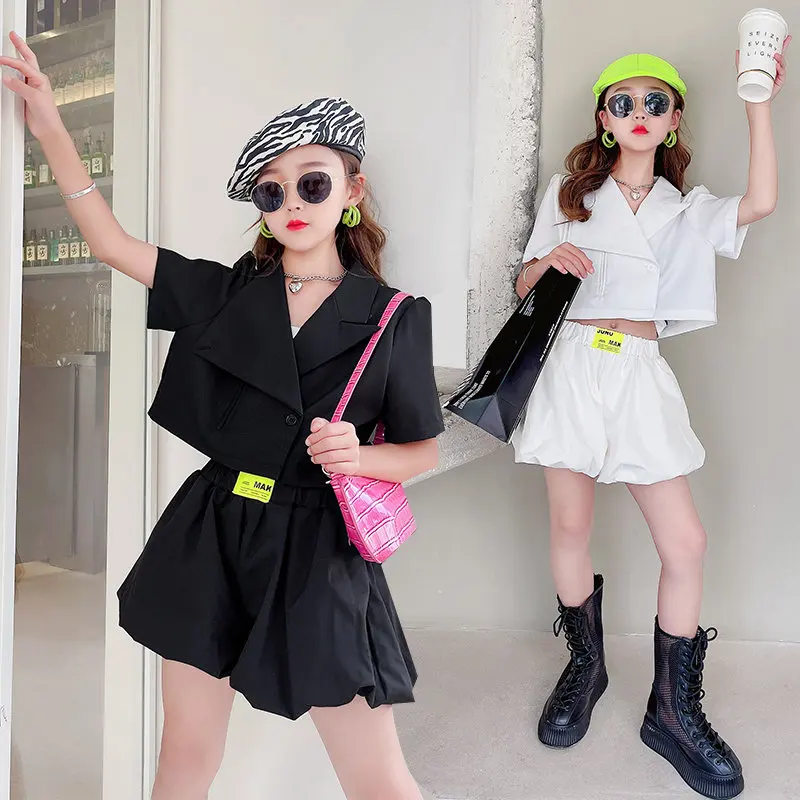 Fashion Teen Girls Suit Sets 2025 High Quality Blazer Jacket And Shorts Two Pieces Black White Color Summer Children\'s Costumes