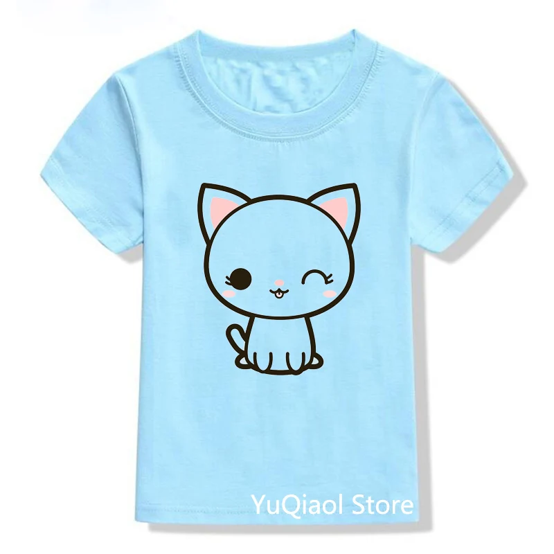 Cute Smiling Cat Print Children's T-Shirts Summer Top High Quality Boys Clothes Kids Toddler Lovely Cartoon T Shirt Blue T-Shirt