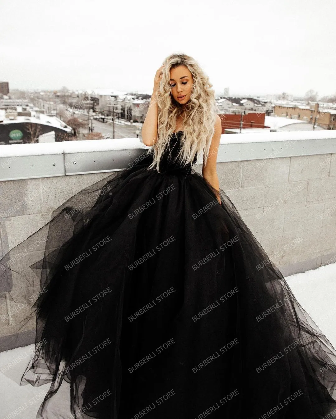 Pretty Strapless Black Tulle Princess Dress To Party Night Puffy Mesh Women Summer Prom Gowns Sleeveless Formal Event Dress