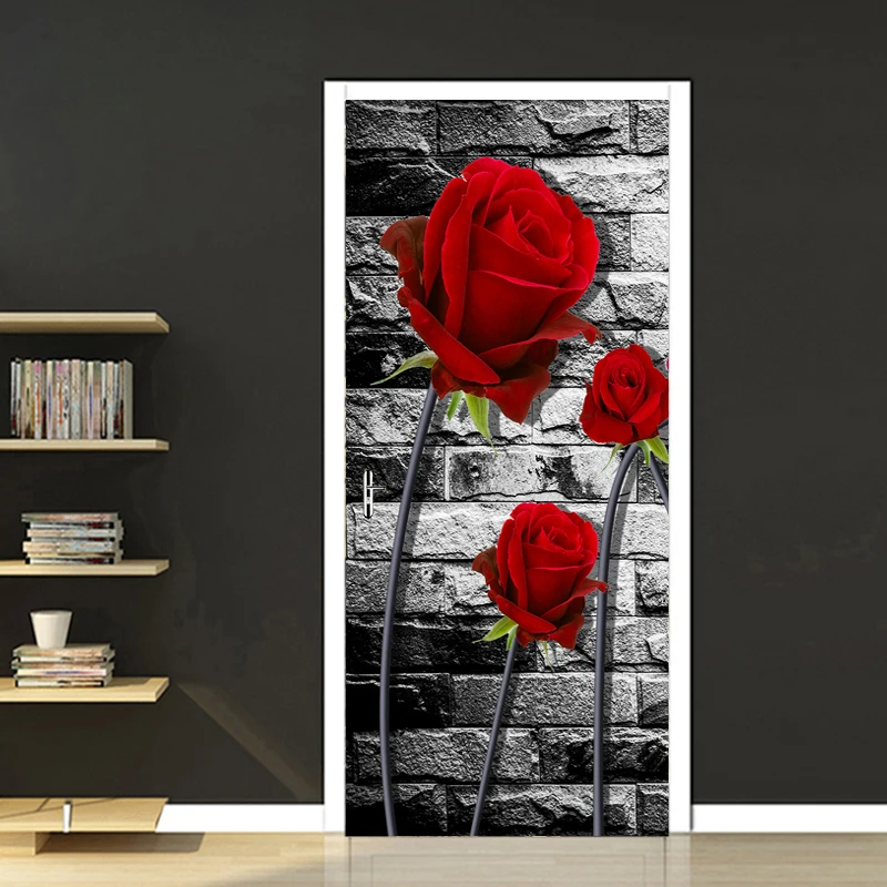 

Retro Style Grey Brick Red Rose Flowers 3D Mural Sticker for Door Living Room Bedroom Home Decoration DIY Poster for Wall Closet