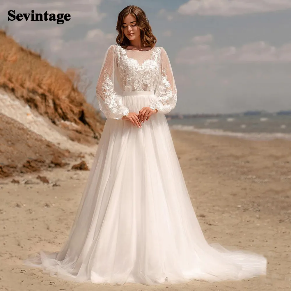 Sevintage-vestidos de novia bohemios de manga larga abullonada, traje de novia de línea A, vestidos de fiesta de boda de tul punteados de princesa de talla grande