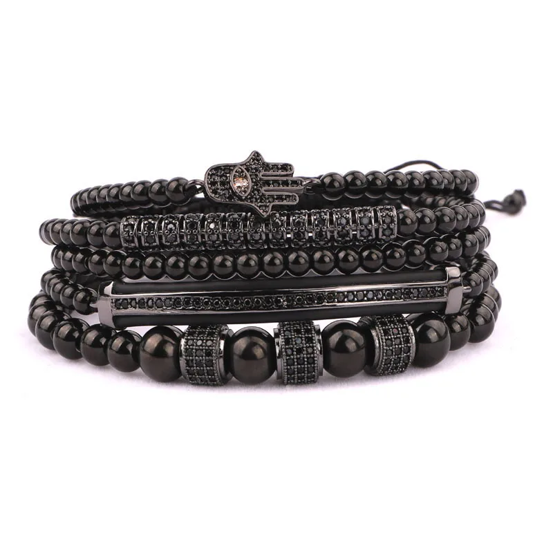 JARAVVI High Quality Stainless Steel CZ Pave Charm Adjustable Beaded Bracelet Men