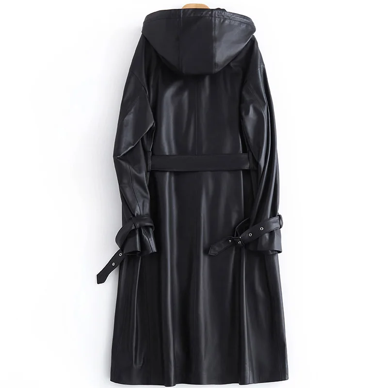 Trench da donna lungo in pelle nera autunno xingaro con cappuccio manica lunga cintura primavera impermeabile in pelle Pu impermeabile 2021