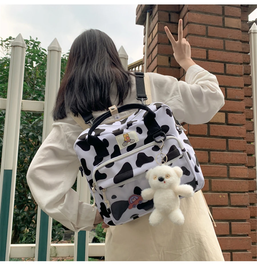 2022 New Lovely Cow Spotted Women Backpack Female Suede Multi-function Travel Bag Transparent Front Pocket Small Schoolbag