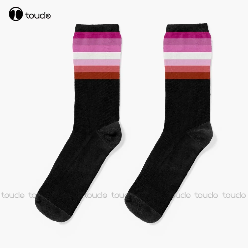 

Lesbian Pride Flag Horizontal Stripe On Black Socks Womens Hiking Socks Personalized Custom Unisex Adult Teen Youth Socks Gift