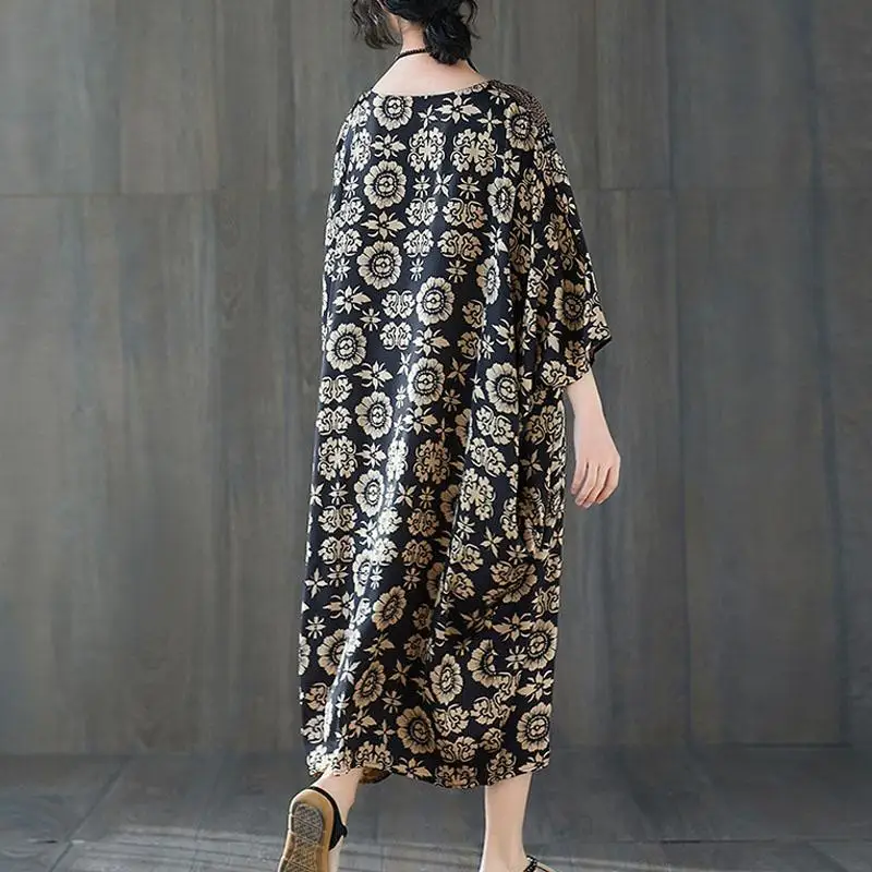 Oversized Satin Casual Dress Summer 2023 High Quality Vintage Floral Print Dresses for Women Batwing Long Dress