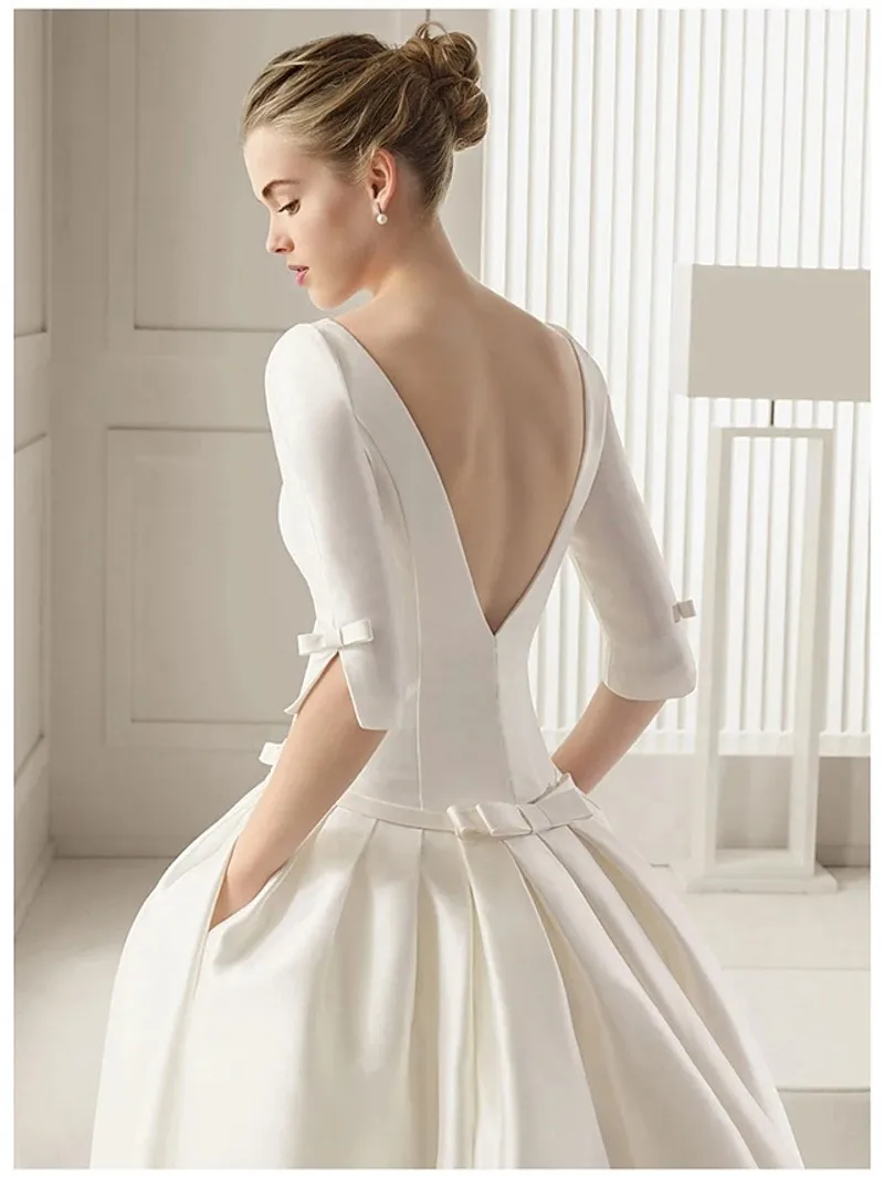 Elegante Satijnen Trouwjurk Met Bow Bateau Hals Hof Trein Half Sleeve Backless Plus Size Bruidsjurk Robe Mariage