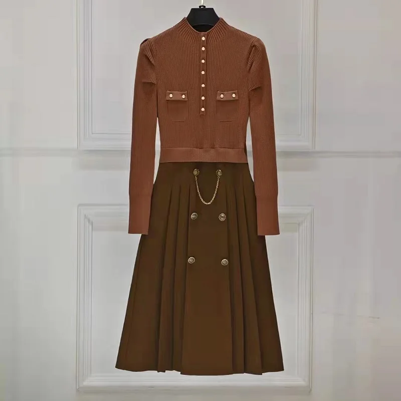 

New 2021 Winter Dress High Quality Women Knitted Wool Patchwork Vintage Button Deco Long Sleeve Casual Khaki Black Wool Dress