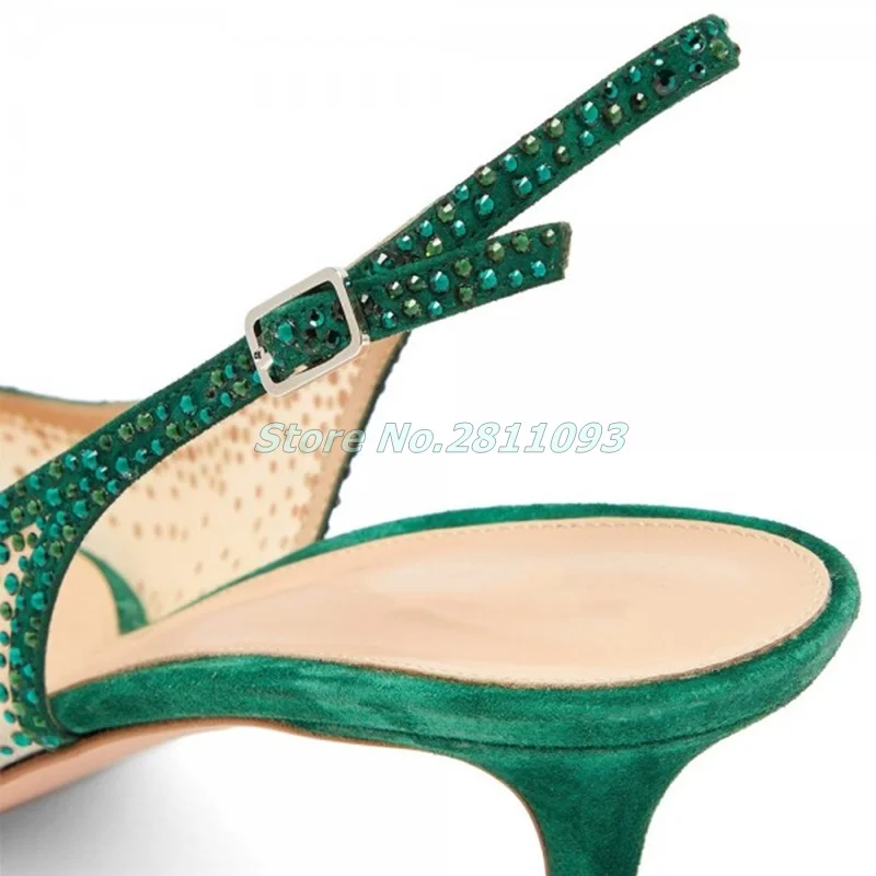 Green Suede Rhinestone Mesh Kitten Heel Slingback Pumps Thin High Heels Sexy Pointed Toe Dress Women Shoes Back Strap Open Heel