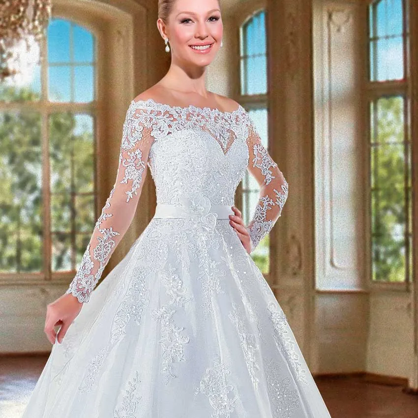 Mangas compridas vestido de baile rendas vestidos de casamento 2020 barco pescoço iiiuusion volta capela trem elegante vestidos de casamento apliques