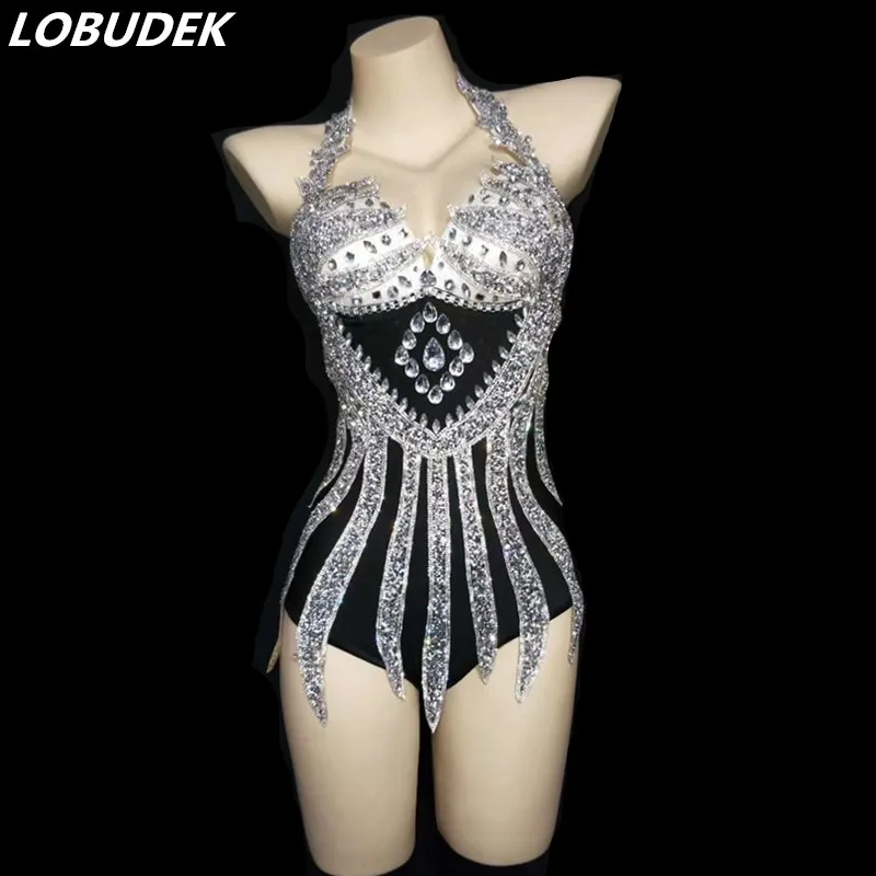 

Bar Nightclub Stage Wear Sexy Silver Rhinestones Halter Bodysuit Female Singer Dancer Team DJ Party Show DS Performance Costume