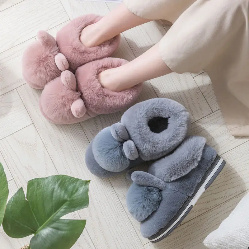 2024 New Autumn Winter Plush Cotton Slippers Rabbit Ear Home Slippers Indoor Warm Shoes Women Cute Big Plush Ball Slippers