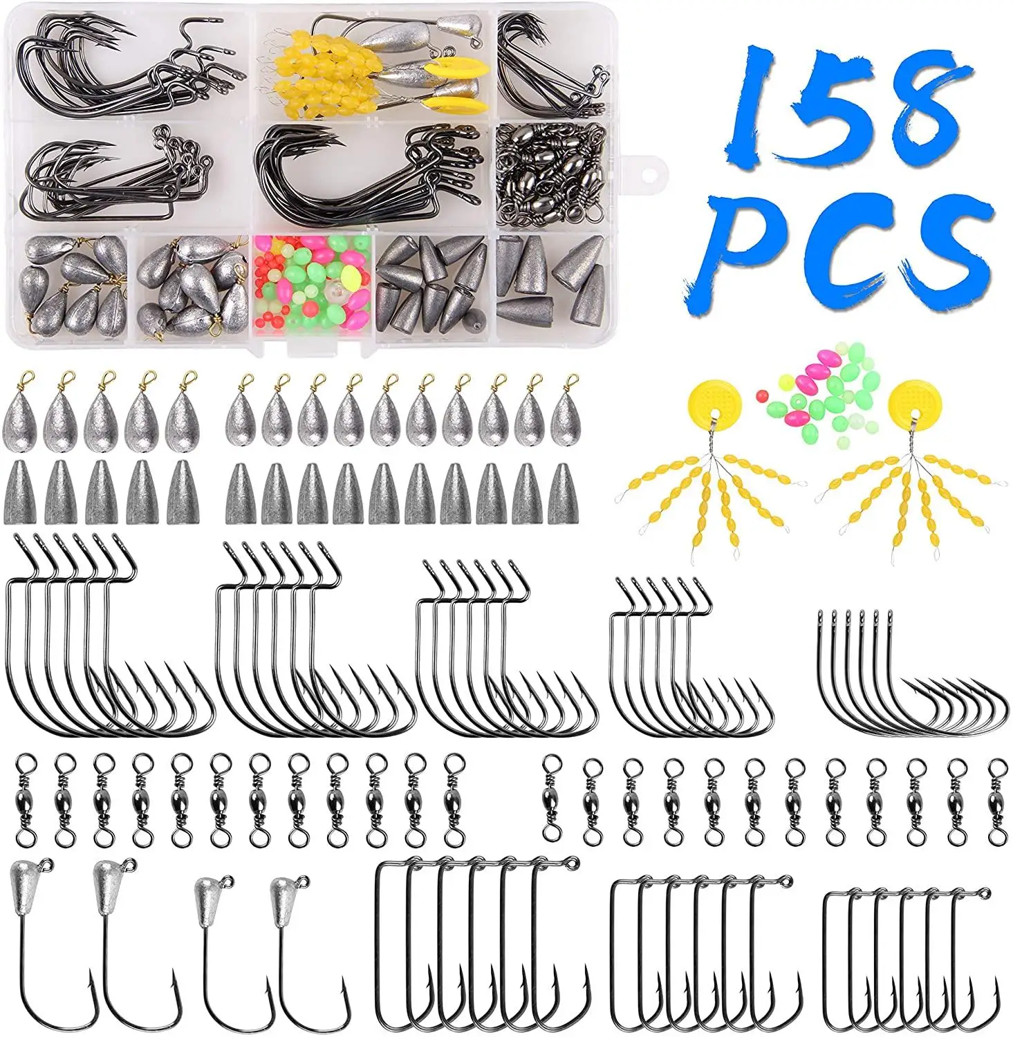 158pcs Bass Rigging Kit Fishing Offset Worm Hooks Degree Bend Jig Hooks Fishing Barrel Swivel Bass Casting Sinker Weights Beads