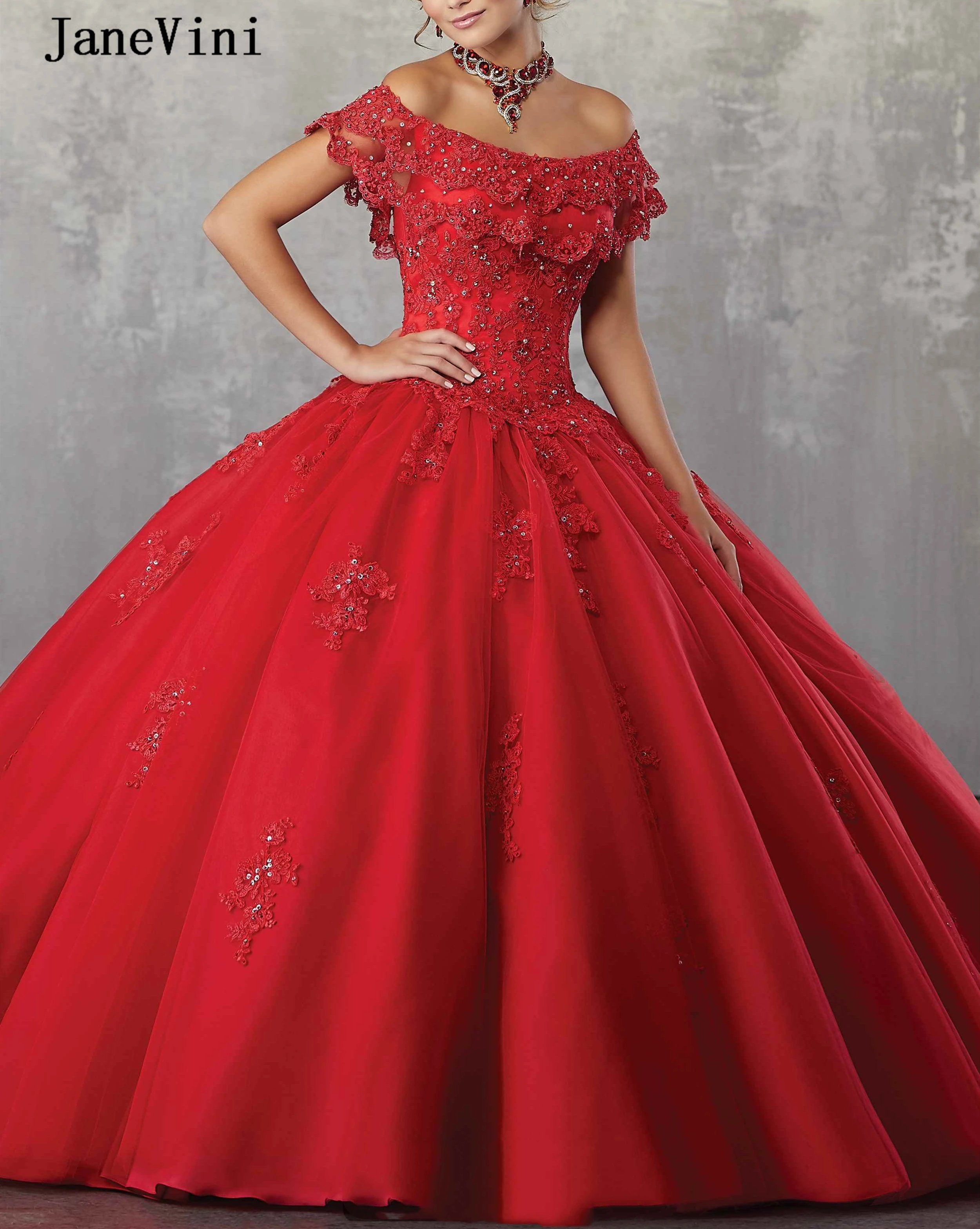 Janevini encantador vermelho longo quinceanera vestidos vestido de baile fora do ombro rendas apliques frisado inchado tule meninas doce 15 vestidos