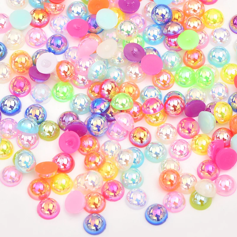 JUNAO 2 4 6 8 10 12 14 mm Różowy AB Półokrągły Flatback Pearl Beads Nail Art Imitation Pearl Stickers Loose Garment Beads