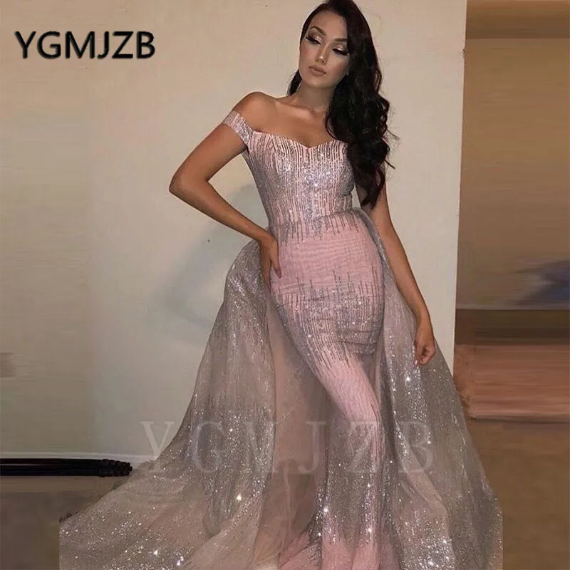 Glitter Evening Dresses Removable Train 2020 Mermaid Off Shoulder Bling Bling Saudi Arabic Women Formal Prom Gowns Party Dress