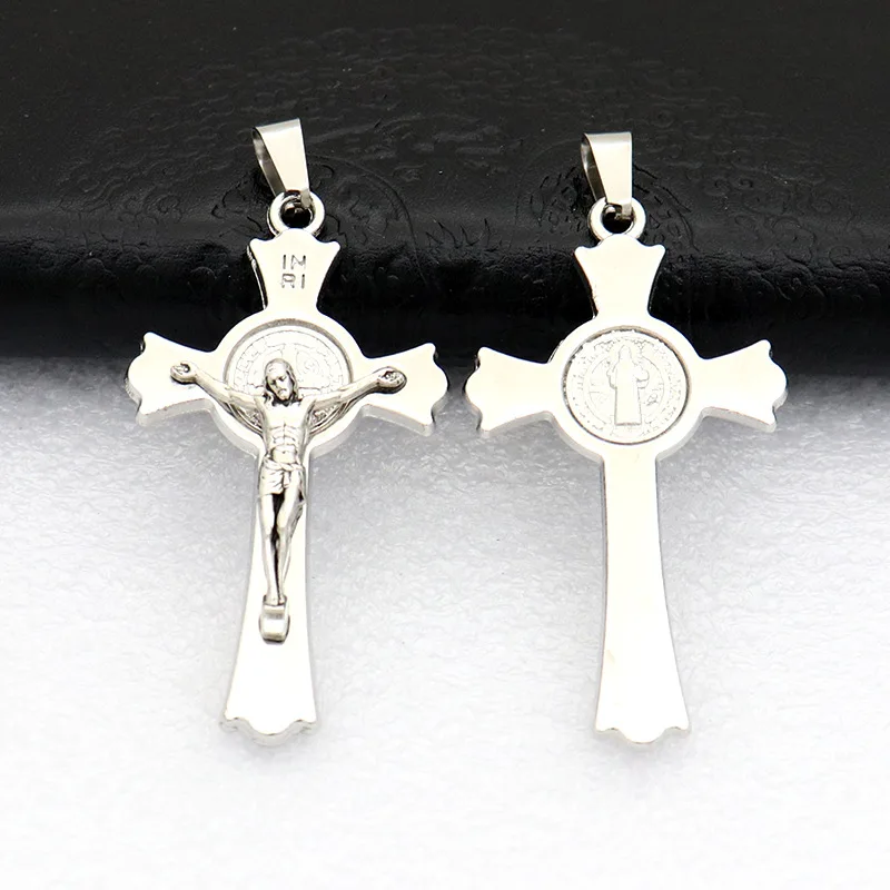 New Arrival Catholic Christ Jesus Saint Benedict Icon Steel Color Cross Religious Necklace Pendant Car Keychain Pendant