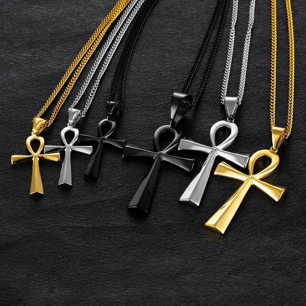 Egyptian Ankh Cross Pendant Necklace For Women Men Stainless Steel Black Gold Color Egypt Vintage Jewelry