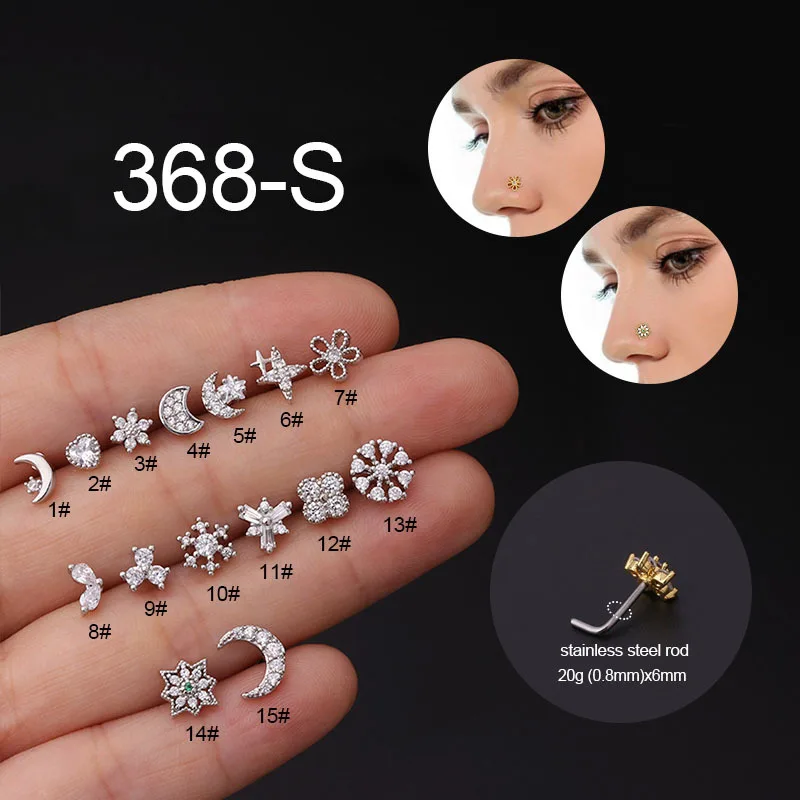 1PC Stainless Steel L Shape Nose Stud Pack 20G Crystal Moon Star Flower Stud Nose Ring Set Nose Stud Piercing Nariz Pin