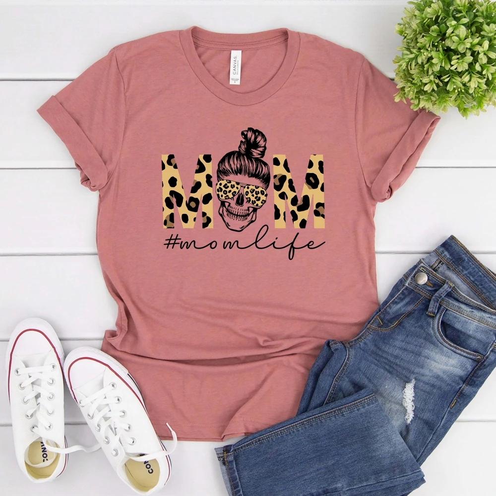 Mom Skull Shirt Messy Bun Skull Leopard Print Mom Life T-shirt Mom To Be Mother Hustler Shirts Mommin Mothers Day Gift