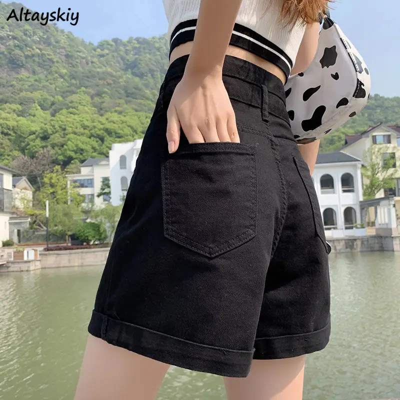 Women Wide Leg Shorts Denim Button-fly High Waist Harajuku BF Loose Korean Style Students Leisure Streetwear Summer Hot Trousers