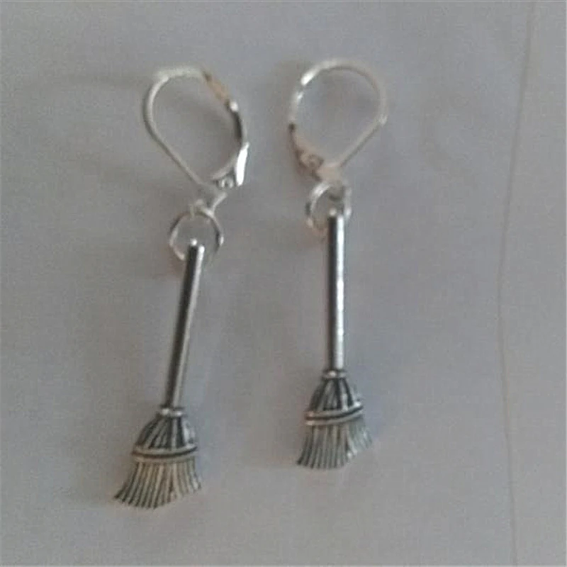 Metal Broom Charm Earrings Tibetan Silver Color Halloween Themed Dangly Lever Back Hook Earrings Halloween Earrings