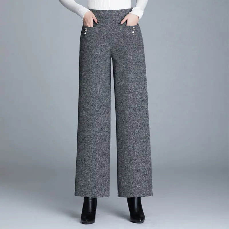 High Quality Woolen Wide-leg Pants for Women High Waist Trousers Female Autumn Winter Woolen Casual Office Lady Pants Work Pants