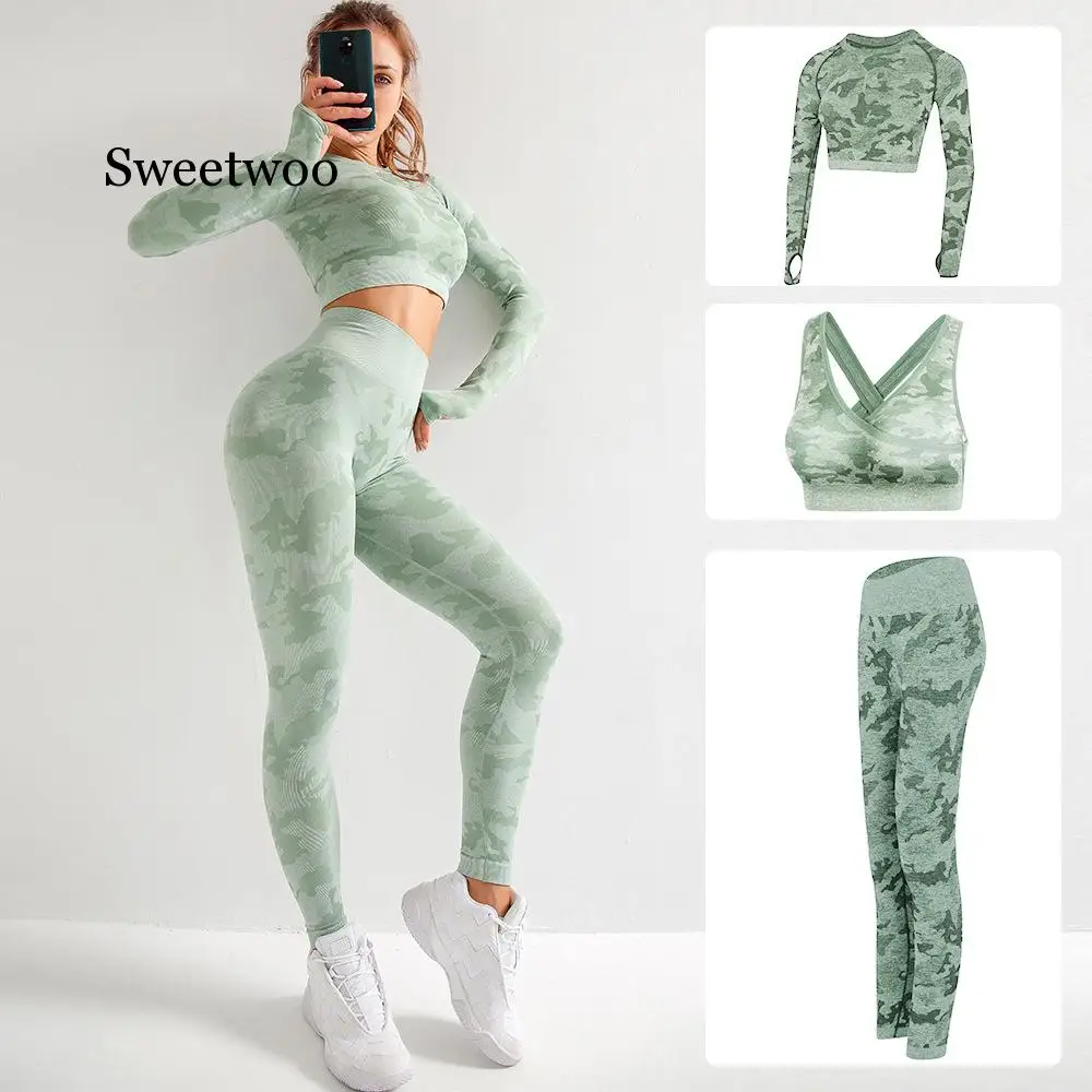 Women 3 PCS Yoga Set Seamless Leggings Gym Sportwear Fitness Workout Set Bra+Shirts+Pants camouflage suit high stretch slim suit