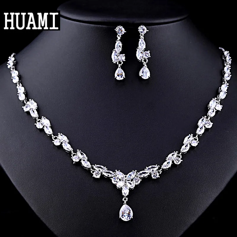 HUAMI Pendant Necklace for Girls Fine Jewelry Sets Bridal Water Drop Earrings Flower Chian Metal Silver Color Banquet Costum