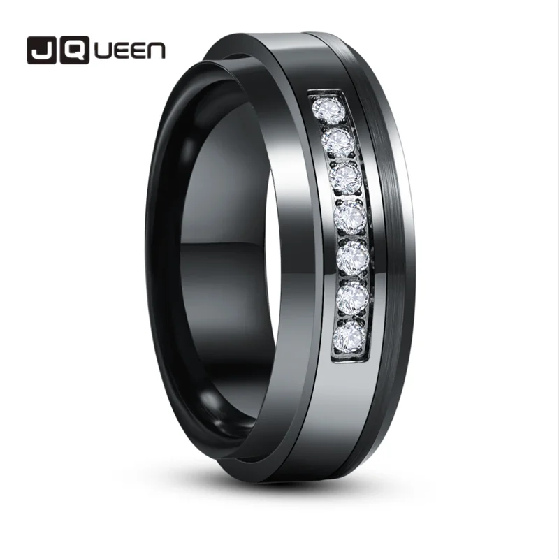 8mm Inlaid Zircon Lassa Middle Polished Black Tungsten Carbide Ring Men's Fashion Wedding Jewelry Best Gift